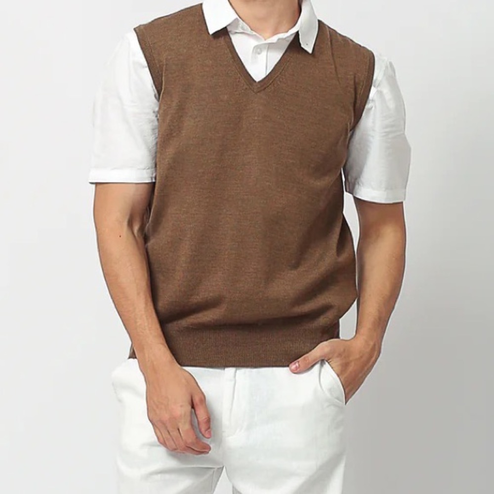 Men's TURNBURY Taupe Heather Tan Brown Merino Wool Sweater Vest Large